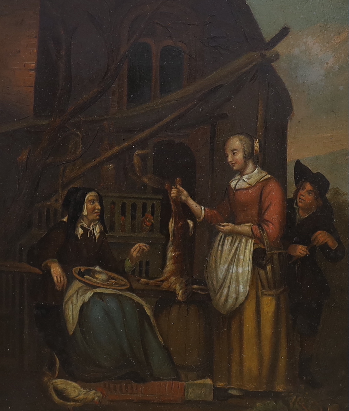 19th century German school, set of five oils on zinc, including figure playing a violin and a tavern scene, ornate gilt framed, 19 x 16cm